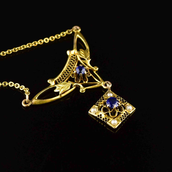 Vintage 10K Gold Blue Sapphire Lavaliere Pendant Necklace - Boylerpf