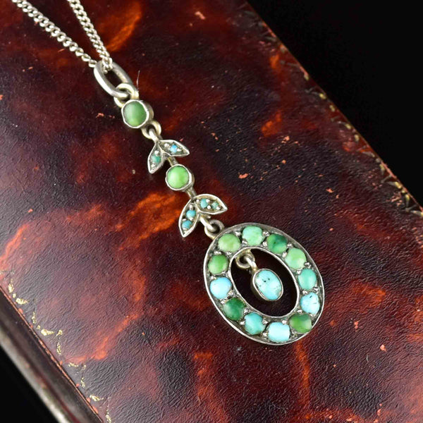 Vintage Edwardian Silver Turquoise Pendant Necklace - Boylerpf