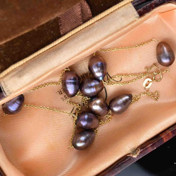 Vintage 14K Gold Black Pearl Tin Cup Necklace - Boylerpf