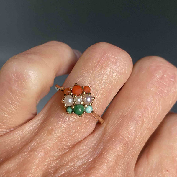 Pearl Turquoise Coral Cluster Ring in 14K Gold - Boylerpf