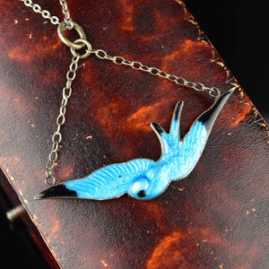 Art Deco Silver Enamel Swallow Bird Necklace - Boylerpf