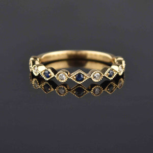 Vintage Scalloped 14K Gold Sapphire Diamond Band Ring, Sz 7 - Boylerpf