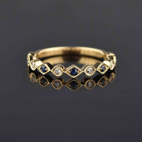 Vintage Scalloped 14K Gold Sapphire Diamond Band Ring, Sz 7 - Boylerpf