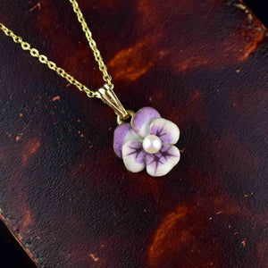 Art Nouveau 14K Gold Enamel Pearl Pansy Flower Necklace - Boylerpf