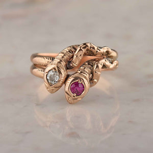 Victorian Rose Gold European Cut Diamond Ruby Snake Ring - Boylerpf