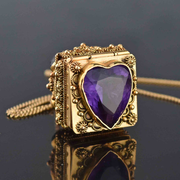 18K Gold Etruscan Revival Amethyst Heart Locket Necklace - Boylerpf