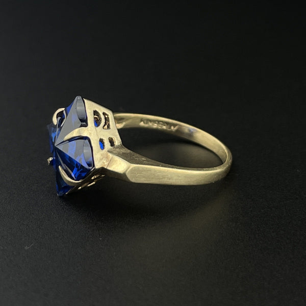Vintage 10K Gold Specialty Cut Synthetic Sapphire Ring, Sz 4 3/4 - Boylerpf