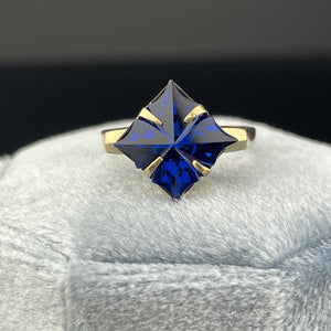 Vintage 10K Gold Specialty Cut Synthetic Sapphire Ring, Sz 4 3/4 - Boylerpf