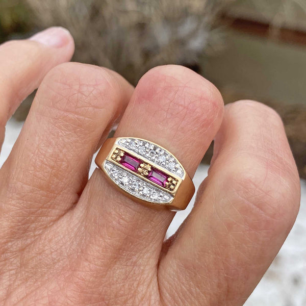 Fine Gold Signet Style Baguette Ruby Diamond Ring - Boylerpf