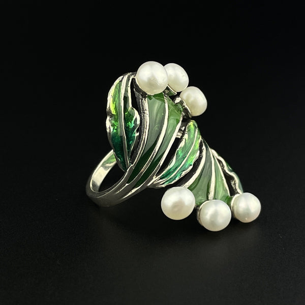 Vintage Plique a Jour Art Nouveau Style Pearl Ring, Sz 8 1/4 - Boylerpf