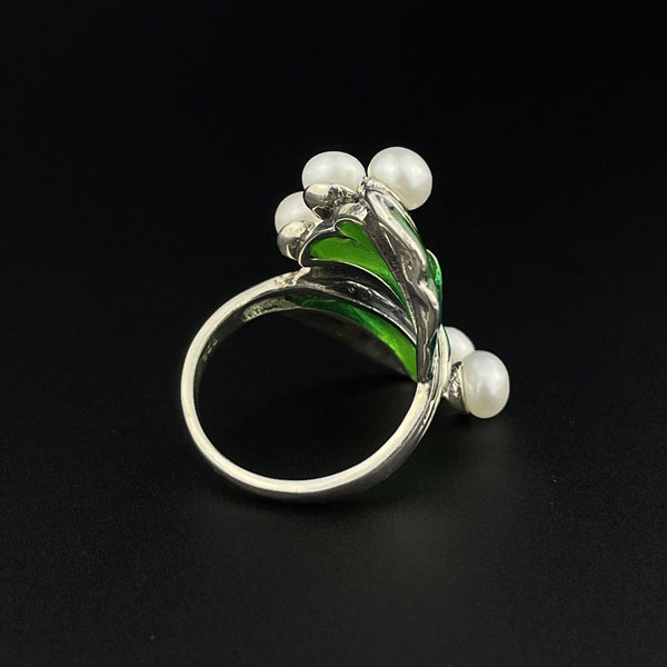 Vintage Plique a Jour Art Nouveau Style Pearl Ring, Sz 8 1/4 - Boylerpf