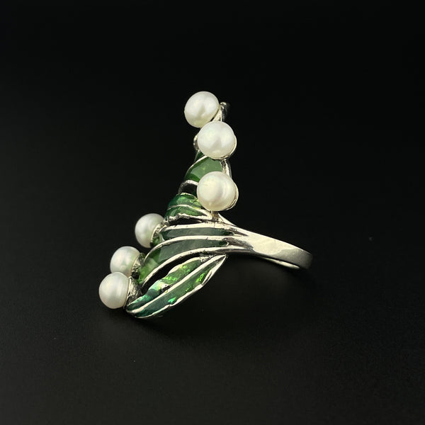 Vintage Plique a Jour Art Nouveau Style Pearl Ring, Sz 8 1/4 - Boylerpf