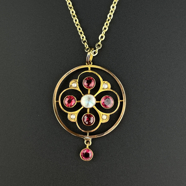 Antique Edwardian Gold Garnet Pearl Lavalier Pendant Necklace - Boylerpf