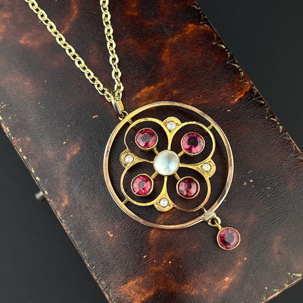 Antique Edwardian Gold Garnet Pearl Lavalier Pendant Necklace - Boylerpf