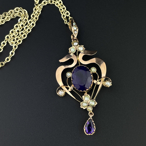 Antique Art Nouveau Amethyst Seed Pearl Lavaliere Pendant Necklace - Boylerpf