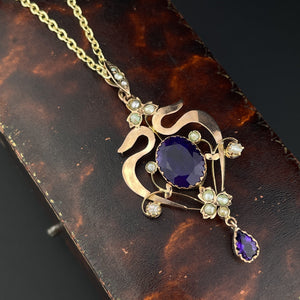 Antique Art Nouveau Amethyst Seed Pearl Lavaliere Pendant Necklace - Boylerpf