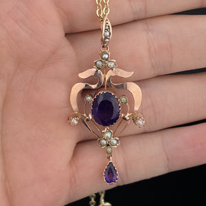 Antique Art Nouveau Amethyst Seed Pearl Lavaliere Pendant Necklace - Boylerpf