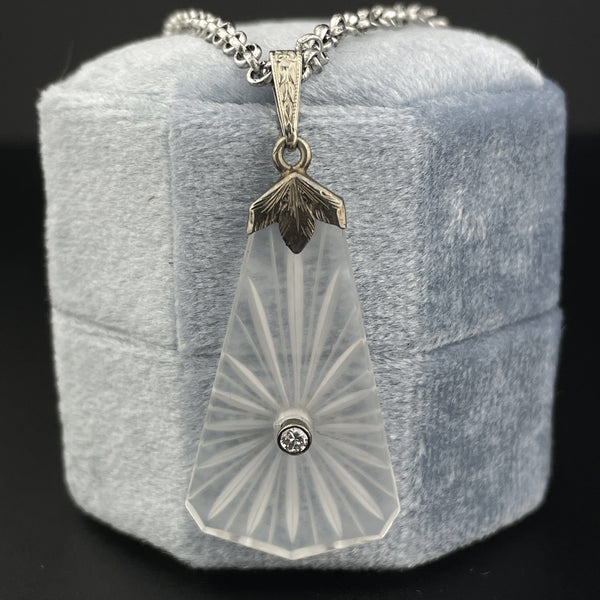 Antique Edwardian 14K White Gold Diamond Rock Crystal Pendant Necklace - Boylerpf