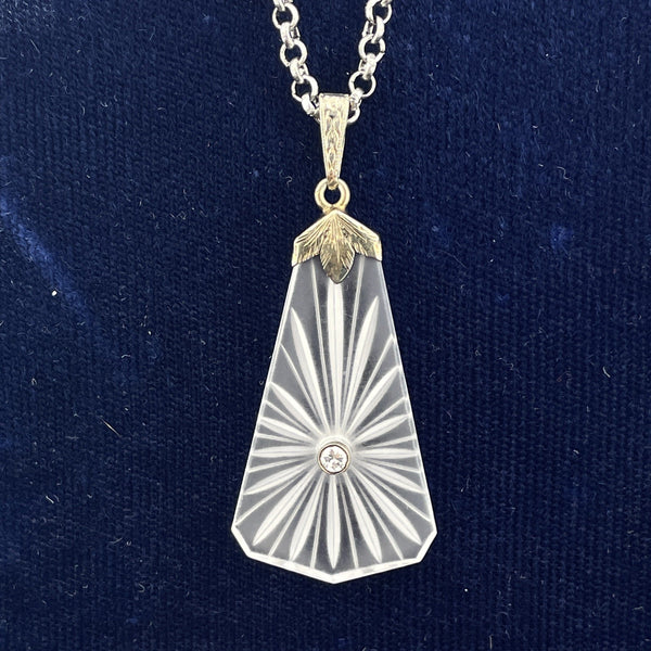 Antique Edwardian 14K White Gold Diamond Rock Crystal Pendant Necklace - Boylerpf
