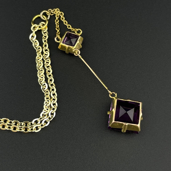 Vintage Victorian Gold Princess Cut Amethyst Pendant Necklace - Boylerpf