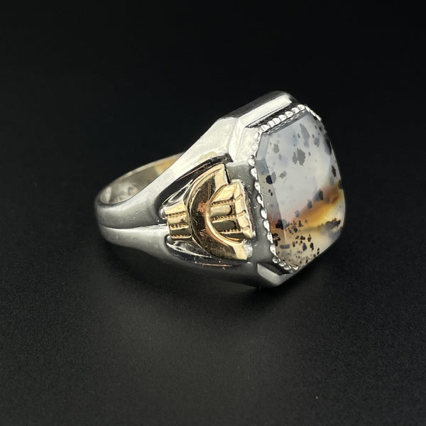 Vintage Sterling Silver Gold Dendritic Agate Ring, Sz 9 3/4 - Boylerpf