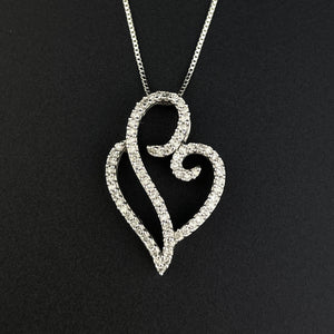 Vintage 10K White Gold Diamond Open Heart Pendant Necklace - Boylerpf