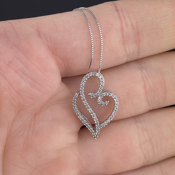 Vintage 10K White Gold Diamond Open Heart Pendant Necklace - Boylerpf