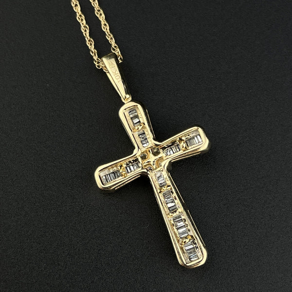 Vintage 10K Gold Baguette Diamond Cross Pendant Necklace - Boylerpf