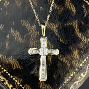 Vintage 10K Gold Baguette Diamond Cross Pendant Necklace - Boylerpf