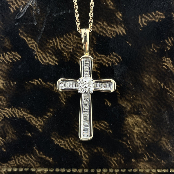 Vintage 10K Gold Baguette Diamond Cross Pendant Necklace - Boylerpf