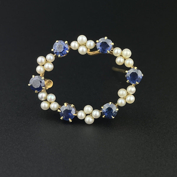 Vintage Edwardian 14K Gold Pearl Blue Sapphire Brooch - Boylerpf