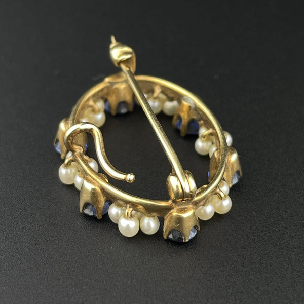 Vintage Edwardian 14K Gold Pearl Blue Sapphire Brooch - Boylerpf