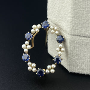 Vintage Edwardian 14K Gold Pearl Blue Sapphire Brooch - Boylerpf