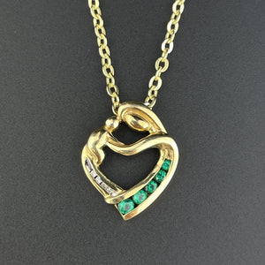 Vintage 10K Gold Emerald Diamond Heart Pendant Necklace - Boylerpf