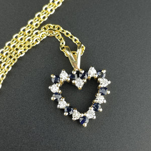 vintage Gold Diamond Blue Sapphire Heart Charm Pendant Necklace - Boylerpf