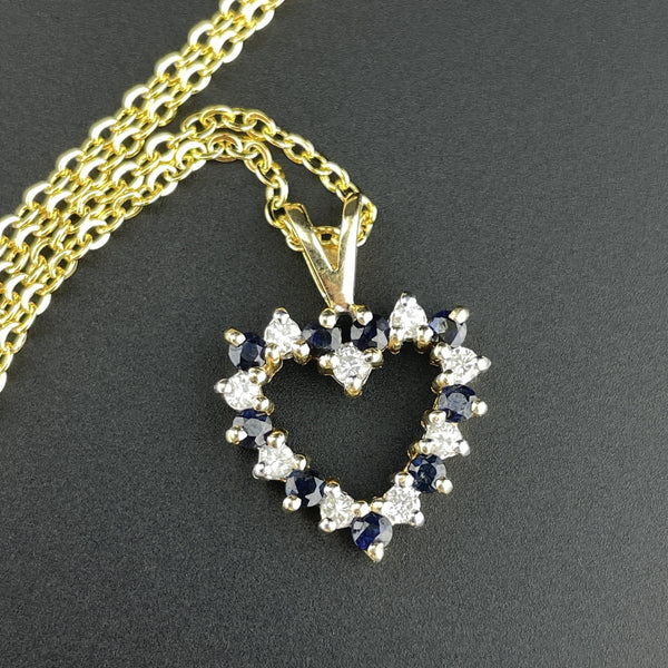 vintage Gold Diamond Blue Sapphire Heart Charm Pendant Necklace - Boylerpf
