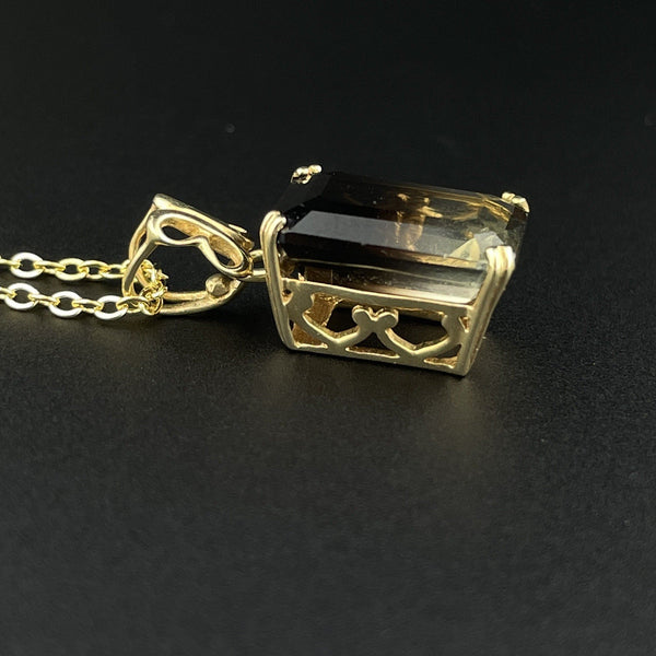Vintage 14K Gold Emerald Step Cut Graduate Smoky Quartz Pendant Necklace - Boylerpf