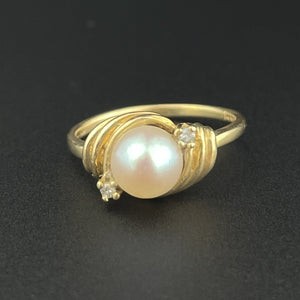 Vintage 14K Gold Diamond Pearl Solitaire Ring, Sz 4 1/2 - Boylerpf