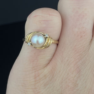 Vintage 14K Gold Diamond Pearl Solitaire Ring, Sz 4 1/2 - Boylerpf