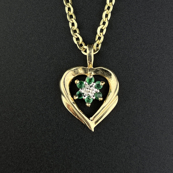 Vintage 10K Gold Emerald Diamond Heart Pendant Necklace - Boylerpf