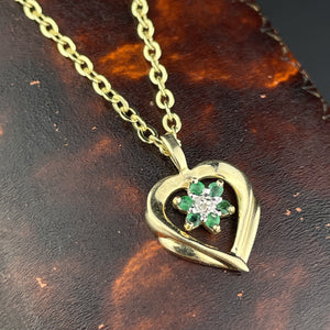 Vintage 10K Gold Emerald Diamond Heart Pendant Necklace - Boylerpf