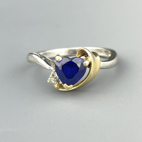 Vintage 10K White and Yellow Gold Diamond Sapphire Heart Ring, Sz 6 1/4 - Boylerpf
