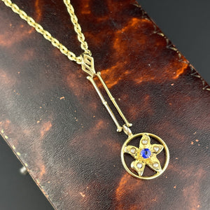 Vintage 10K Gold Simulated Sapphire Star Lavaliere Pendant Necklace - Boylerpf