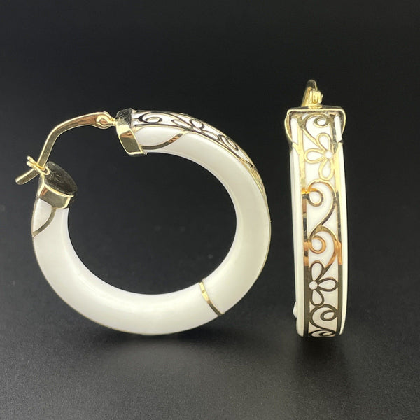 Vintage 14K Engraved Gold White Ceramic Large Hoop Earrings - Boylerpf