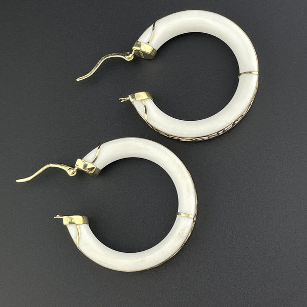 Vintage 14K Engraved Gold White Ceramic Large Hoop Earrings - Boylerpf