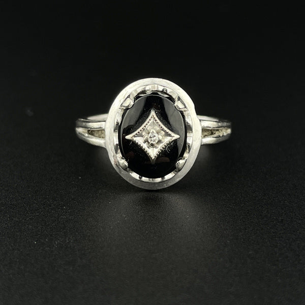 Vintage Art Deco 10K White Gold Black Onyx Diamond Ring, Sz 6 1/4 - Boylerpf