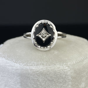 Vintage Art Deco 10K White Gold Black Onyx Diamond Ring, Sz 6 1/4 - Boylerpf