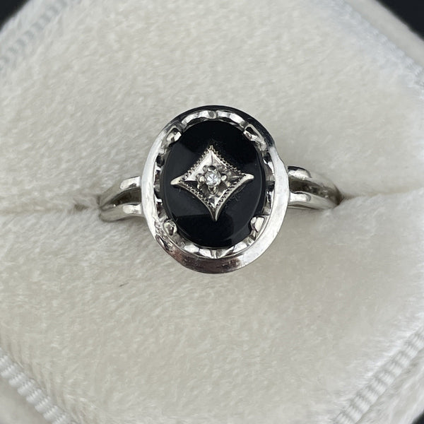 Vintage Art Deco 10K White Gold Black Onyx Diamond Ring, Sz 6 1/4 - Boylerpf