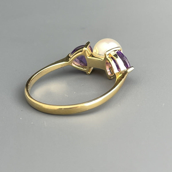 Vintage 14K Gold Amethyst Pearl Retro Trillion Cut Ring, Sz 6.5 - Boylerpf