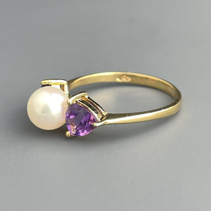 Vintage 14K Gold Amethyst Pearl Retro Trillion Cut Ring, Sz 6.5 - Boylerpf